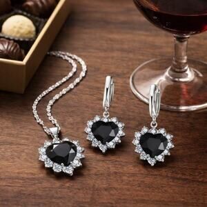 925 Silver Plated Black Heart Halo CZ Necklace Earrings Set Valentine's Day Gift